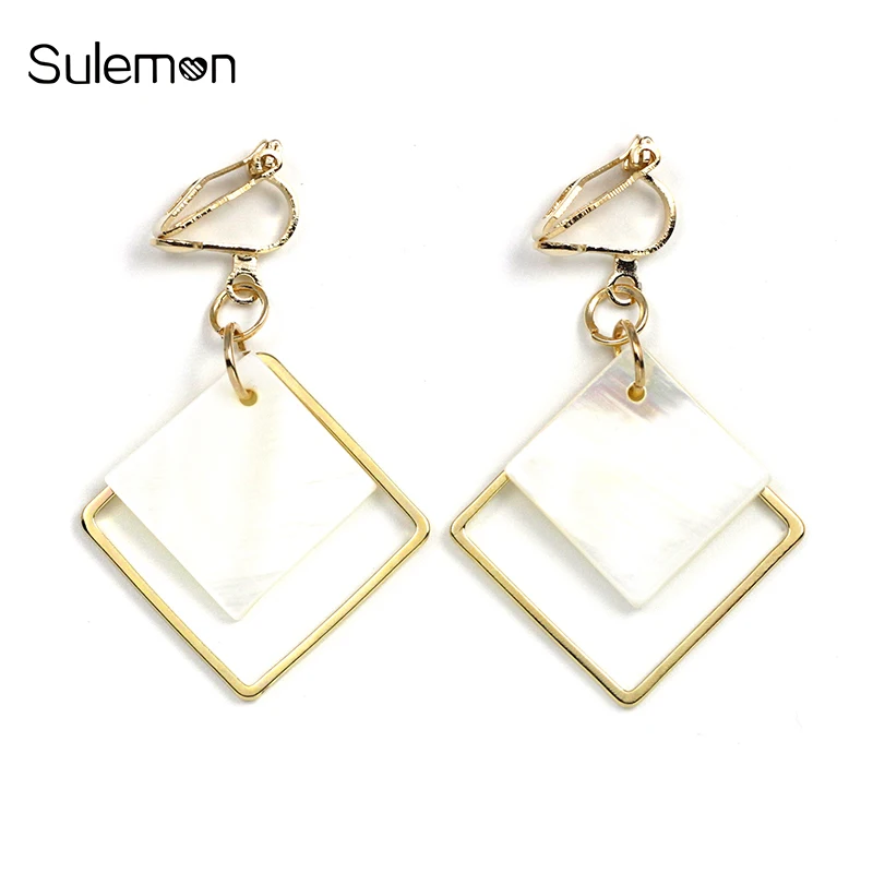 

Natural Shell Metal Square Earrings No Pierced Minimalist Geometry Clip Earring Without Piercing Women Earring Jewelry CE006