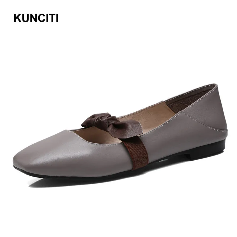Zapatos Alta Cuadrado gray brown Cuero Moda Kunciti Mocasines Mariposa Beige nudo Del Dedo 2018 Pisos Calidad Genuino F104 Pie xOtHnUxP