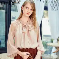ARTKA 2018 Autumn and Winter New Women Solid Full Flare Sleeves Doted Tie Bow Tie Long Sleeve Blouse Shirt SA10088Q