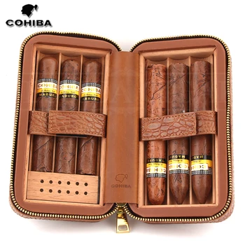 

COHIBA Crocodile Pattern Leather Cigar Humidor Box Portable Cigar Case W/ Humidifier Cedar Wood Travel Humidor Fit 6 Cigars