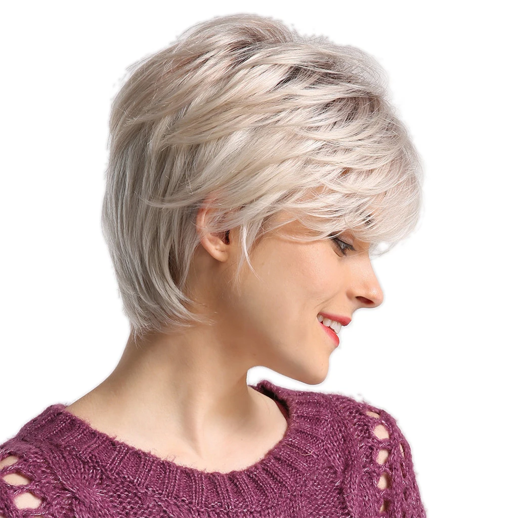 

12 inches Ombre Short Platinum Blonde Human Hair Wigs for Womenn - Dark Roots & Silver - Daily & Party Use