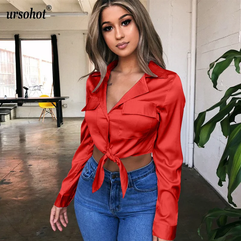

Ursohot Notched Neck Long Sleeve Bandage T Shirts For Women 2019 Summer Chic Pocket Bow Tie Cropped Tops Streetwear Red Tee Tops