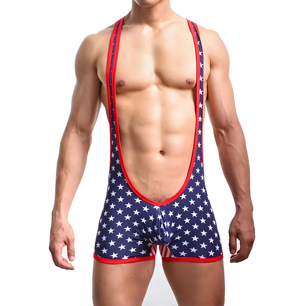 Для мужчин сексуальное боди мышц Комбинезон спортивный Борьба Синглетный боди купальник с США свободу настроение полосатый флаг узор