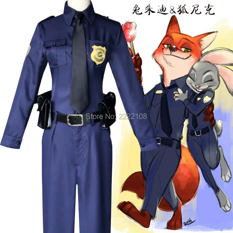 

Cheap Zootopia Nick Wilde Rabbit Judy Hopps Police Uniform Halloween Cosplay Costume Badge+Bag+Belt+Coat+Hat+Pants+Tie+Tail