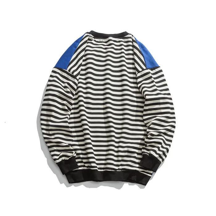 Японский Harajuku полосатый лоскутный Crewneck свитер для мужчин городской мальчиков уличная хип хоп графический толстовки негабаритных