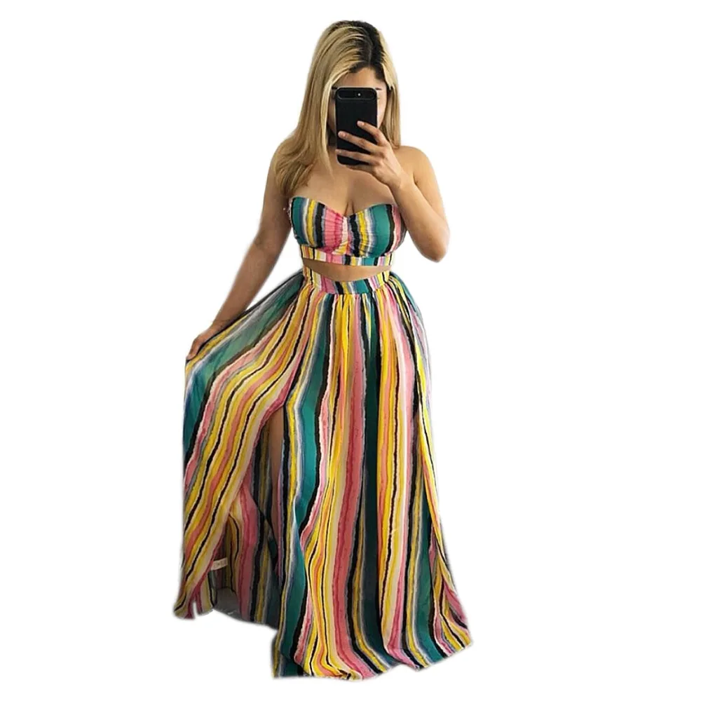 

2018 Stripe Strapless Dress Women's Set Summer top+Long Skirt Dresses Lady fashion sexy two pieces suits casual tracksuit L5235