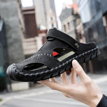 

Classic Men Sandals outdoor Summer breathable Soft Comfortable Men Slippers Genuine Leather Sandals Men Roman Shoes big size 48