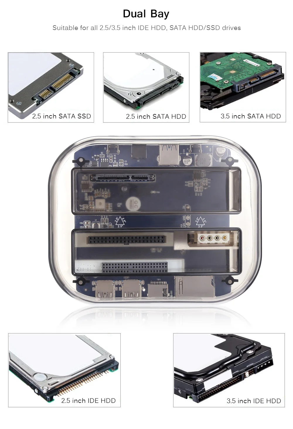 Прозрачный USB 3,0 для SATA IDE Dual Bay 2," /3,5" док-станция для жесткого диска с устройство для чтения карт SD TF и 2 портами USB 3,0 Hub