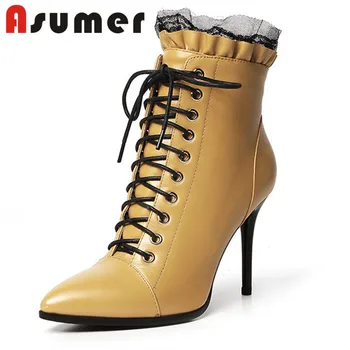 

ASUMER NEW 2020 solid ankle boots for women fashion simple high heels boots high quality sexy genuine leather boots size 34-43