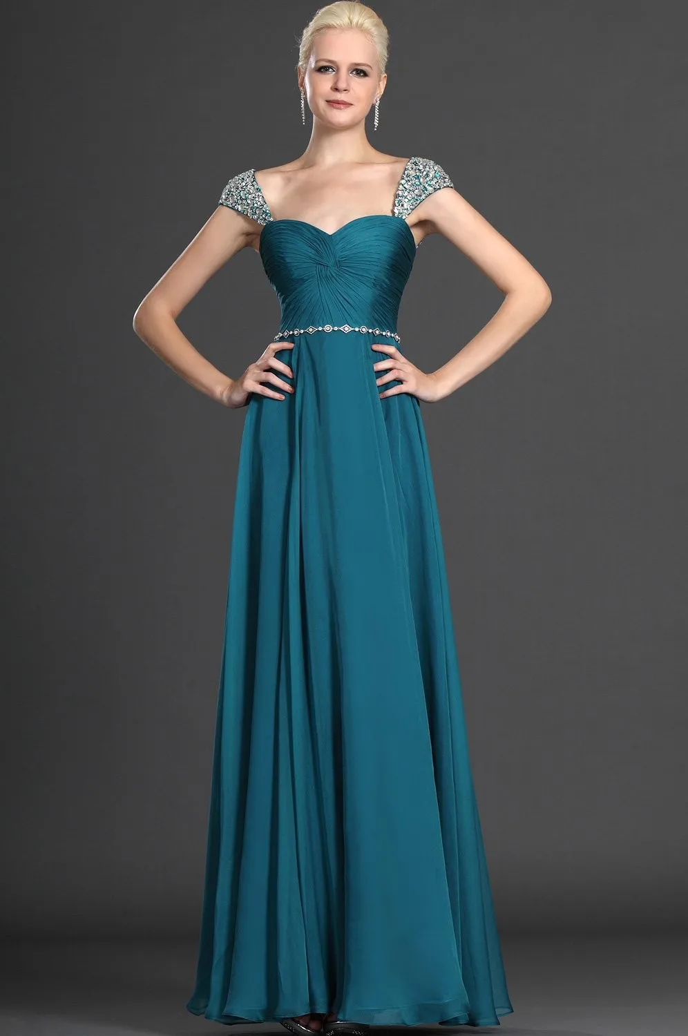 Emerald Green Cap Sleeves Open Back Evening Dress Prom Gown Modest ...