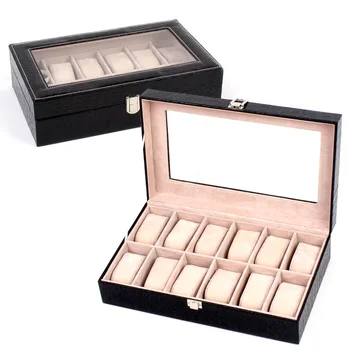 

Storage Case for Jewelry Men Watch 12 Slot Leather Crocodile Pattern Top Glass Window Steel Lock Watch Organizer Display Box
