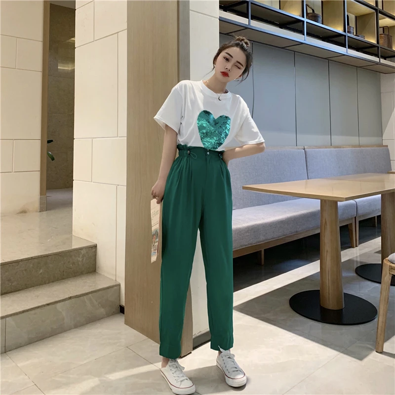 

CBAFU women's set summer sequins hearts short sleeve cotton T-shirts high waist pants suit 2 piece set female suit casual D975