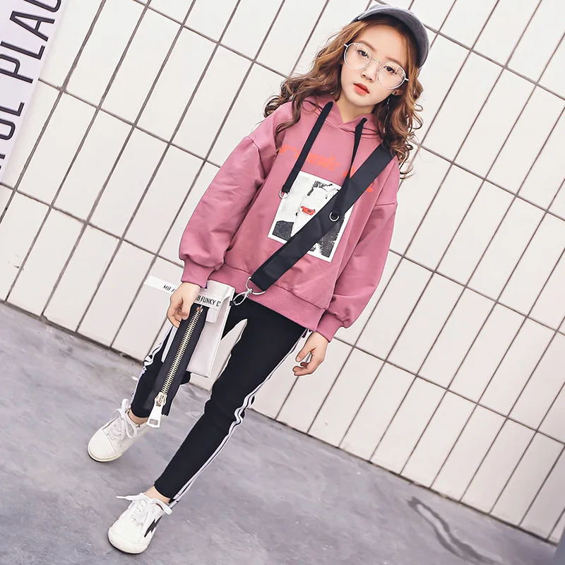 

2018 Autumn Little Girls Sets Fashion Print Long Sleeve Hoodies Black Leggings age 4 5 6 7 8 9 10 12 years