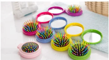 

Girls Portable Mini Folding Massage Comb Airbag Massage Round Travel Hair brush With Mirror Cute Rainbow Comb / by dhl 500pcs