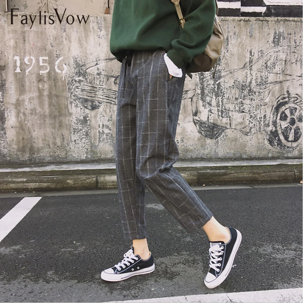 Брюки с высокой талией Faylisvow в Корейском стиле повседневные Осенние серые клетку