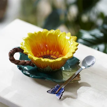 

Sunflower ceramic tea coffee cup saucer set home decor crafts cups dish spoon combination porcelain figurine