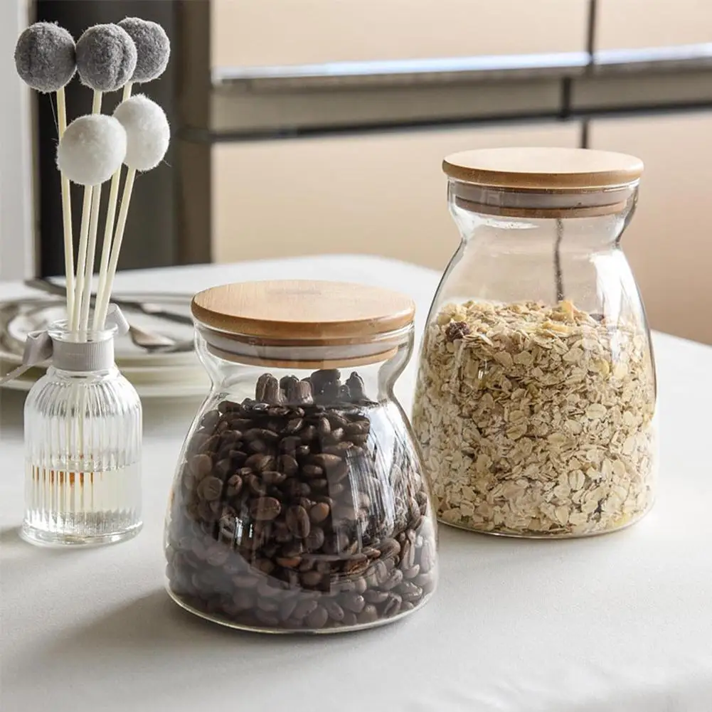 

New Kitchen Grain Storage Tank Food Sealed Can Transparent Glass Coffee Beans Storage Jar Tea Can With Bamboo Lid #4O