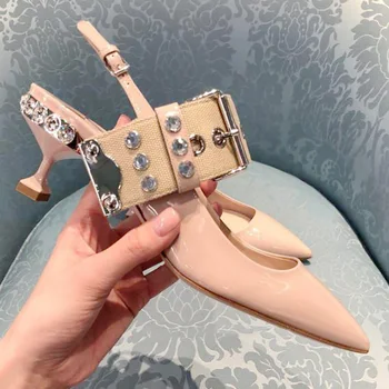 

Patent Leather Elegant Kitten Heels Buckle Strap Pumps Med Heel Slingback Rinestone Stud Pointed Toe Sandals Black Nude Pumps