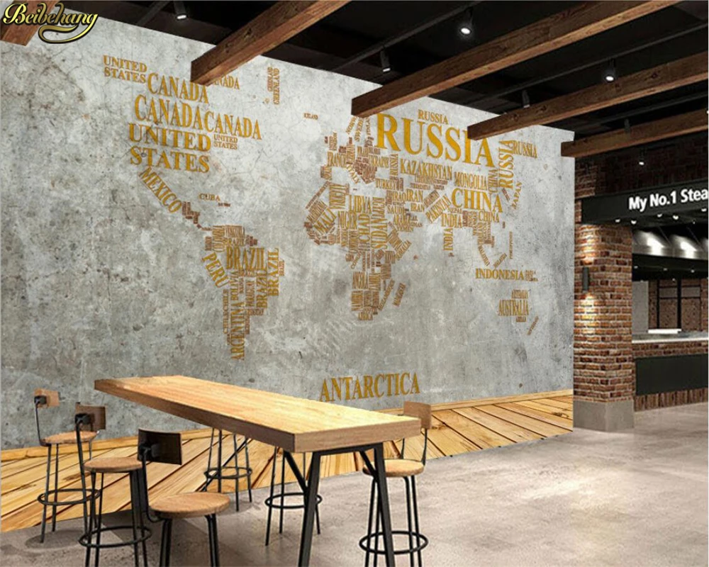 beibehang Custom Photo Wallpaper Mural Retro Vintage English Letter World Map Cement Wall Painting Background papel de parede