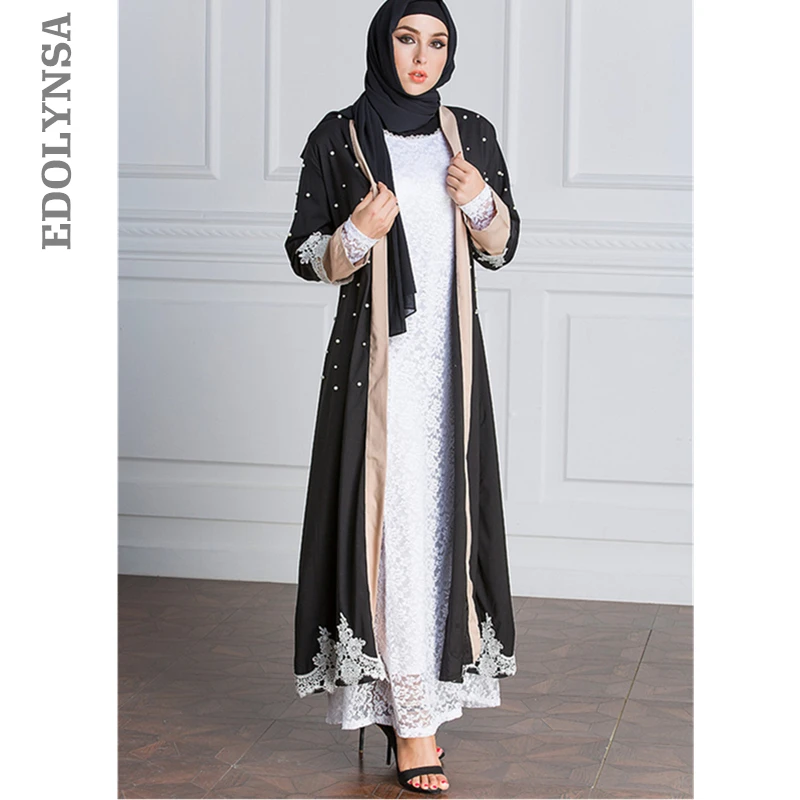 

Black Lace Patchwork Pink Dubai Abaya Kimono Cardigan Beads Muslim Dresses Plus Size Maxi Dress Soft Long Womens Clothing #D337