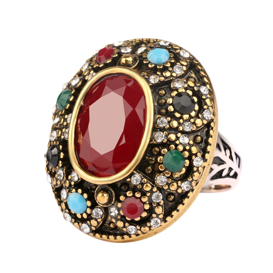 Luxurious Oval Big Ring Turkey Jewelry Vintage Look Inlaid 7 Colour
