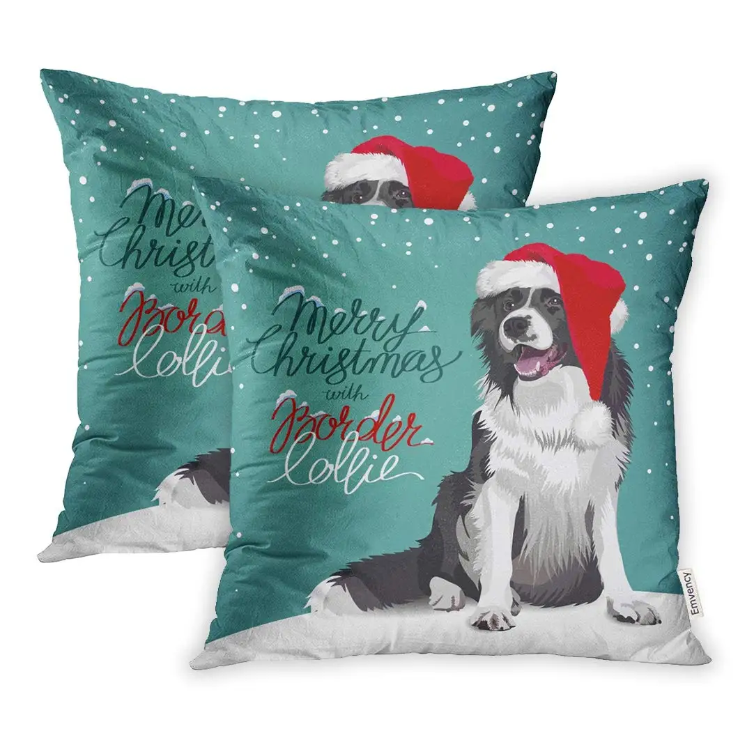 Pillow Covers Cases Green Claus Christmas Border Collie Red Dog Santa Cover Cushion Pillowcase Square Case Print | Дом и сад