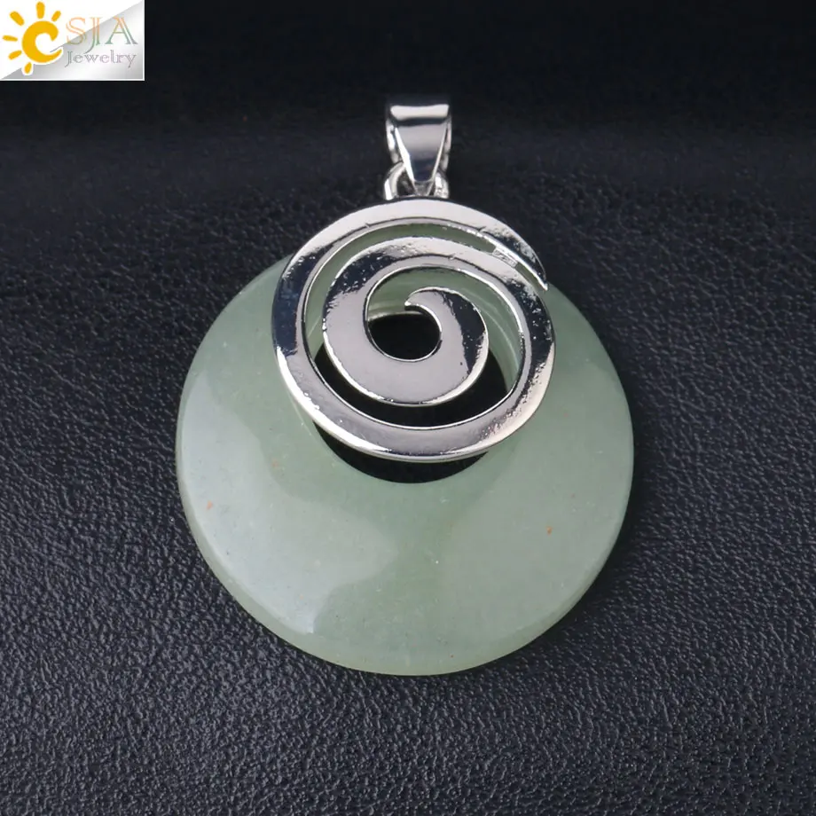 Green Aventurine CSJA подвески из натурального камня для ожерелья полые круглые спиральные фиолетовые розовые кристаллы содалит тигровый глаз авантюрин опал рейки F863 - Окраска металла: Green Aventurine