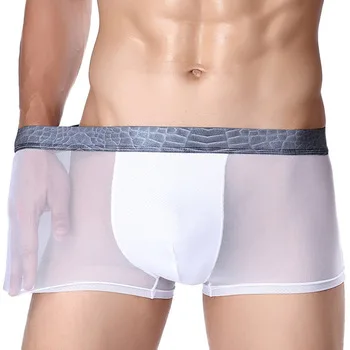 Male silk lace gauze Crocodile striae patchwork breathable panties sexy 3D dyeing flat angle underwear exotic boxer shorts