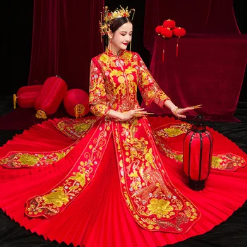 

High Quality Lady Dragon&Phoenix Qipao Vintage Chinese Bride Dress Exquisite Suzhou Embroidery Ancient Marriage Cheongsam Suit