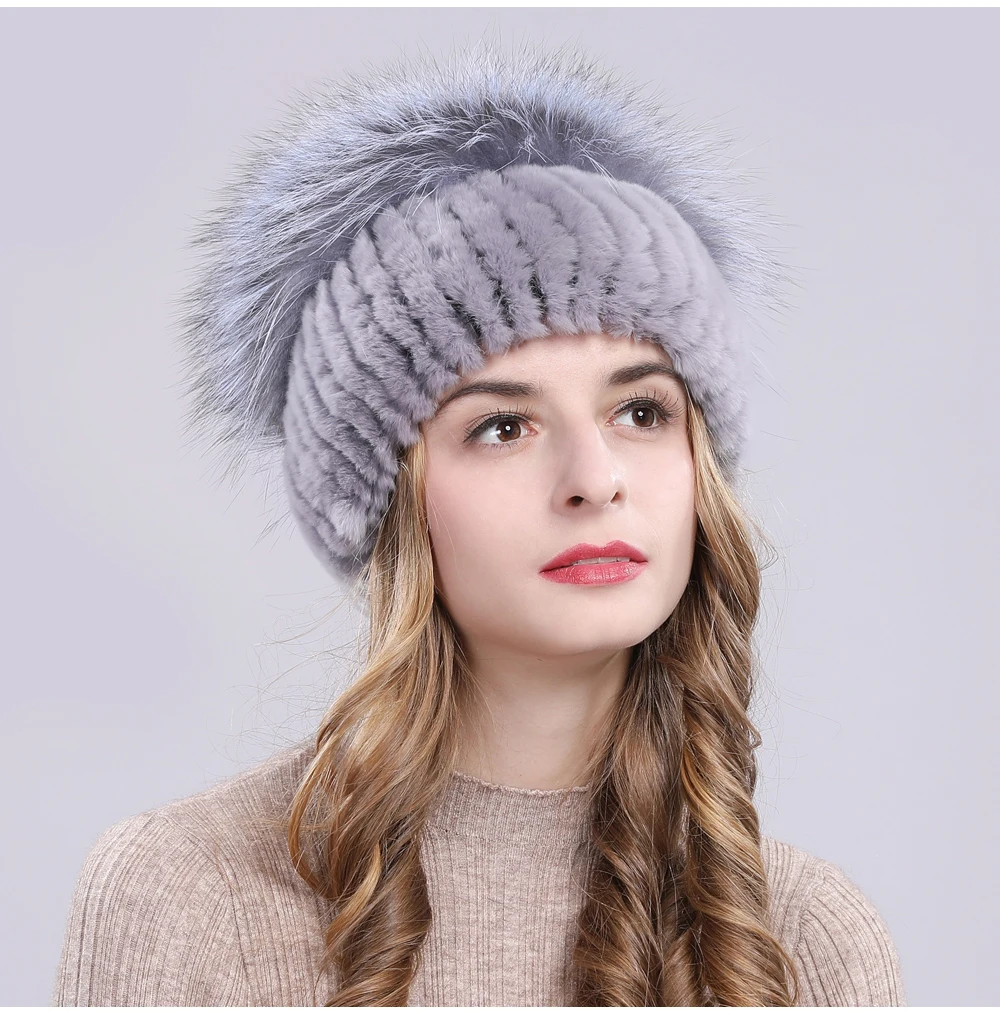 Outdoor Women Warm Soft Genuine Rex Rabbit Fur Hat Knitted Natural Real Sliver Fox Fur Caps Winter Real Rabbit Fur Beanies Hats