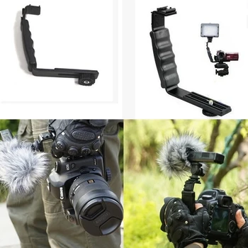 

L Shape Handle Grip Stand Holder For DV Camera Flashlight Camcorder Mic Microphone Video Light with 2 Hot Shoe Slots L Bracket