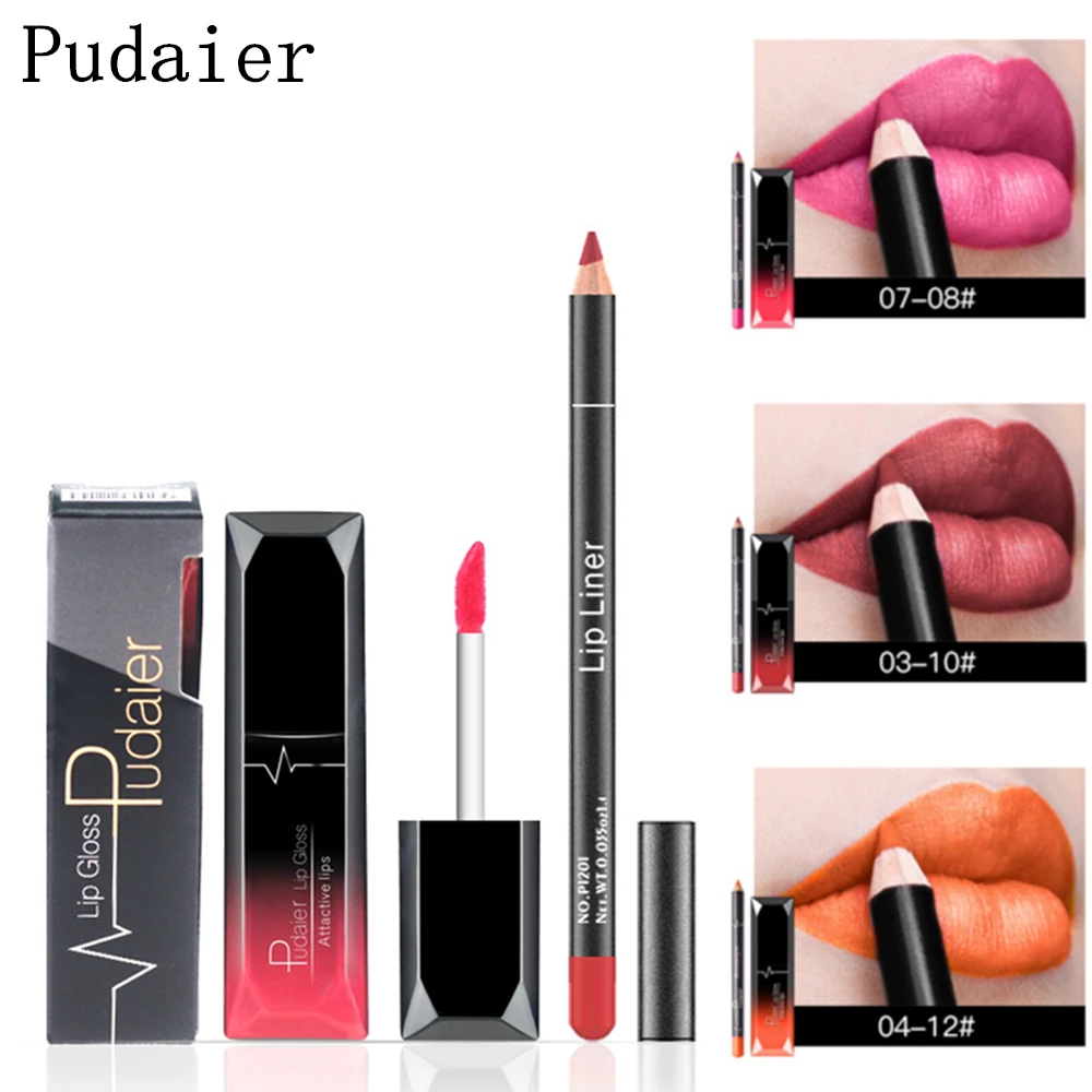 

PUDAIER Lip Gloss Set Matte Lipstick Long Lasting Liquid Lipkit + velvet Lips Pencil Makeup Nude Waterproof Lip Gloss