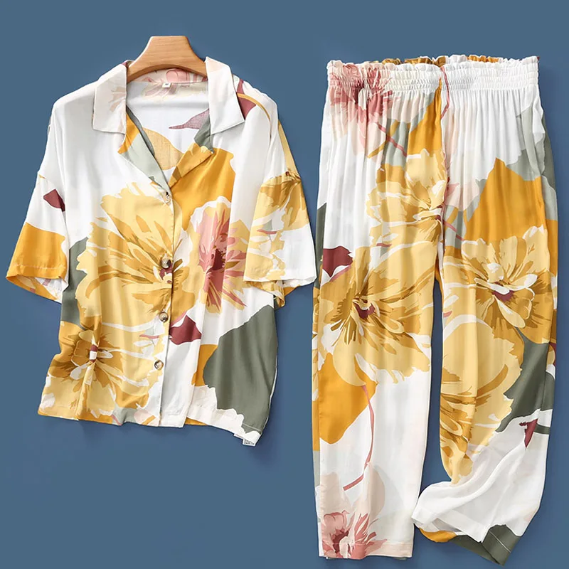 Новые летние женские пижамы с цветочным принтом, пижамы с коротким рукавом, домашняя одежда из вискозы, брюки длиной до щиколотки, атласные пижамы