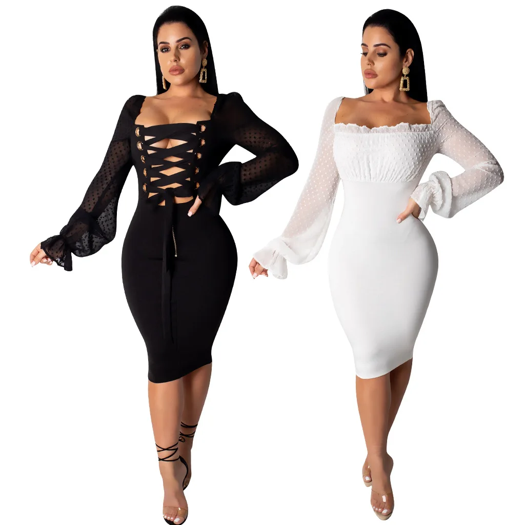 2019 Women Lace-up Sexy Hollow Out Long Sleeve Point Chiffon High Waist Bodycon Midi Dress Vintage England Style Dresses 6265 | Женская