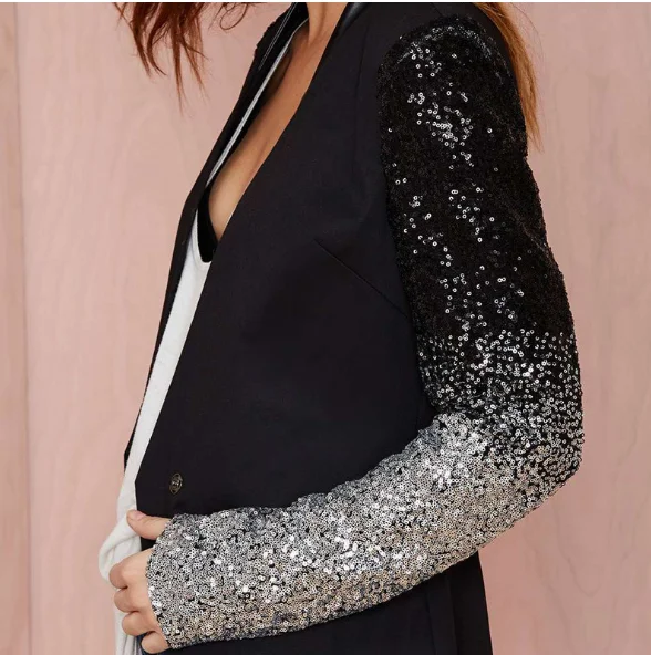 Mr.nut sequin stitching single button slim slimming black women's small suit  Patchwork  Office Lady  women blazers and jackets