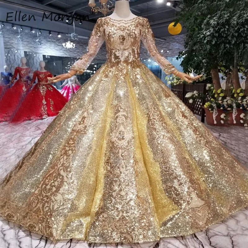 

Saidu Arabian Glitter Gold Ball Gown Evening Dresses 2019 Vintage Long Sleeve Boat Neck Sequins Lace up Quinceanera Prom Dress