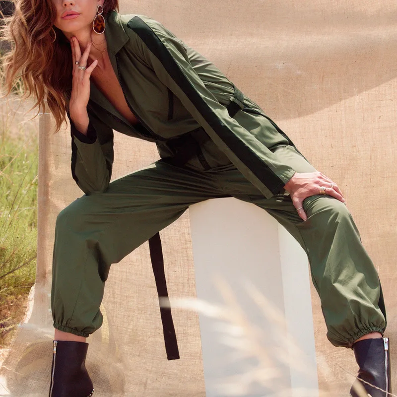 PinePear, карго, армейский зеленый женский комбинезон с длинным рукавом, с карманами, крутая уличная одежда, на молнии, лоскутный комбинезон с поясом, Прямая поставка