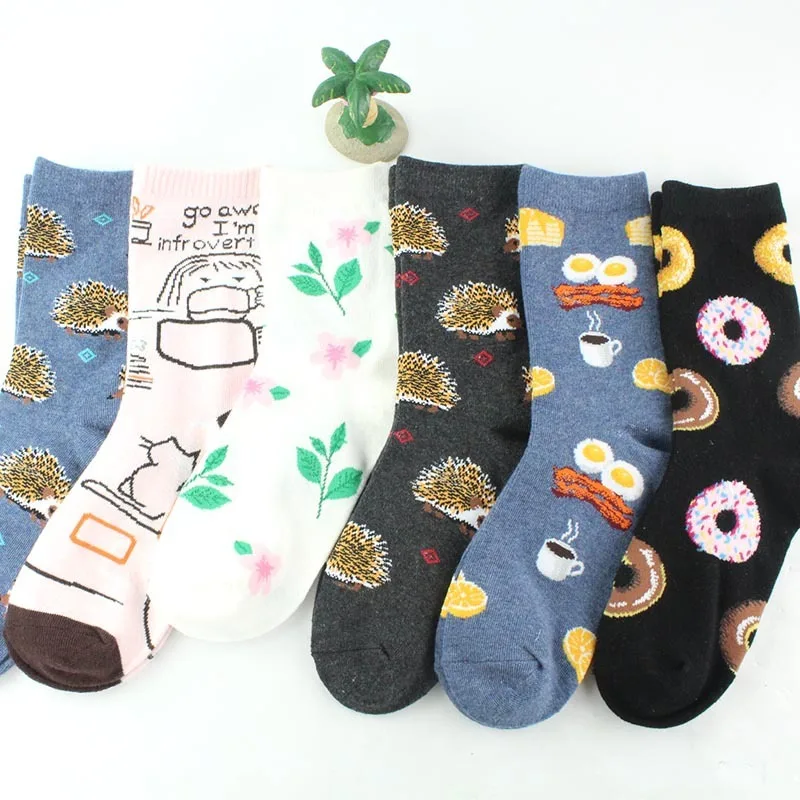 PEONFLY, 5 пар/лот, новинка, корейский стиль, счастливые носки, Пончик, яйцо, милый мультфильм, ежик, женские носки, красочные Хлопковые женские носки - Цвет: multi