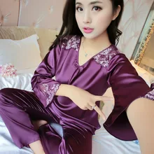 Осень Для женщин дамы сексуальный цветок Кружево атласные шелковые пижамы Наборы для ухода за кожей топы с длинными рукавами+ Брюки для девочек пижамы Mujer Ночная Пижама Femme