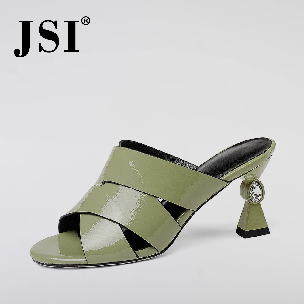 

JSI 2019 Spring Dress Women Sandals Strange Style Fashion Slip-On 7.5cm High Heel Lady Shoes Quality Patent Leather Sandals JO57