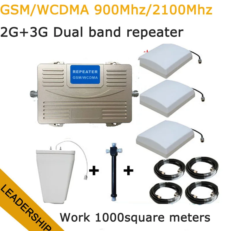 Work for 1000 square meter Dual band GSM/WCDMA 900Mhz 2100mhz 75db 27db big power 2G 3G cell phone mobile phone repeater