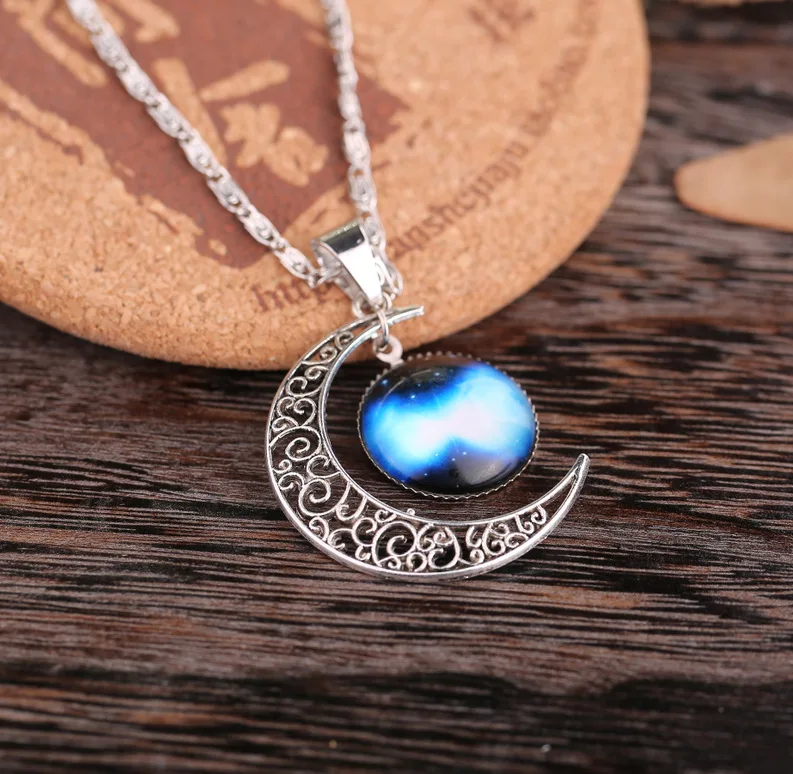 GiftJewelryShop Scales of Law and Justice Crescent Moon Galactic Universe Glass Cabochon Pendant Necklace