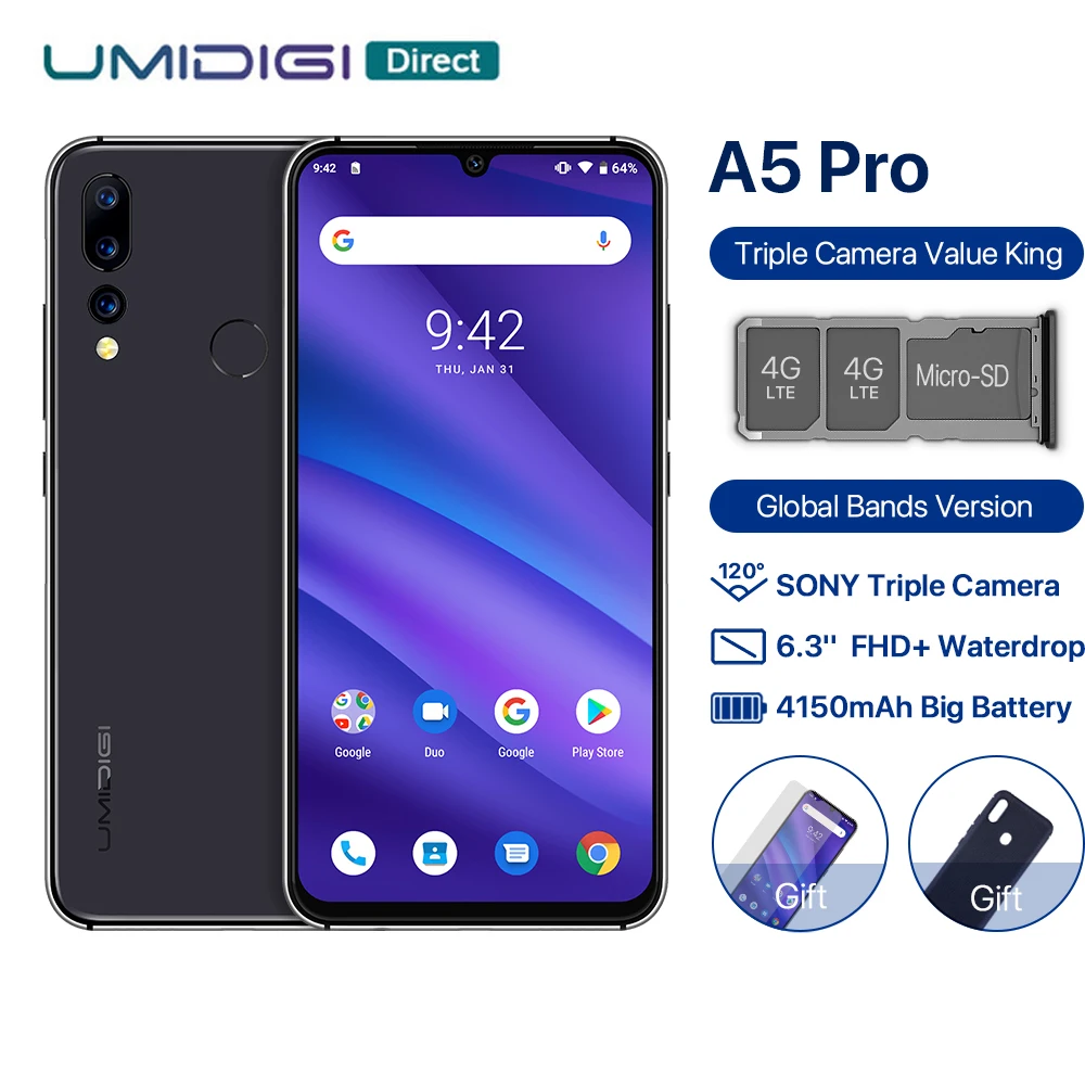 

UMIDIGI A5 PRO Global Version Android 9.0 Octa Core 4GB RAM 32GB ROM 6.3' FHD+ 16MP Triple Camera 4150mAh 4G Celular Smartphone