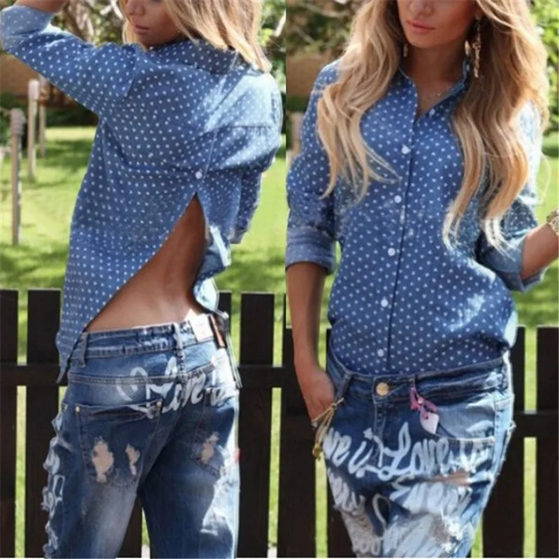 2016 Fashion Spring Blusas Ameirican Apparel Women Blouse Casual Tops Long Sleeve Blue Lapel Buttons Back Slit Shirts Sexy - 32599998386