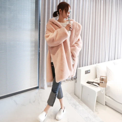 

2018 new fur coat female winter long fashion casual large size imitation Rex Rabbit Fur coat