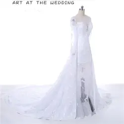 Иллюзия Свадебное Платье Boda de La Vendimia con Mangas Largas Sheer vestido de Bola Apliques de Encaje de съемный шлейф