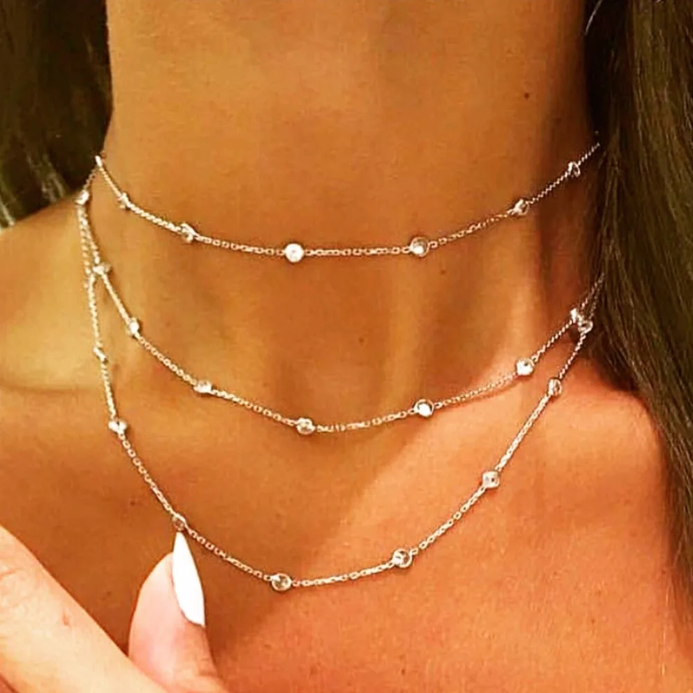 925 sterlilng silver CZ station chain necklace delicate choker long