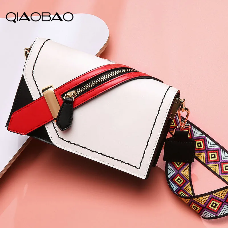 

QIAOBAO Women Panelled Wide Strap Shoulder Bag 100% Genuine Leather Handbags Lady Messenger Bag For Female Bolsas