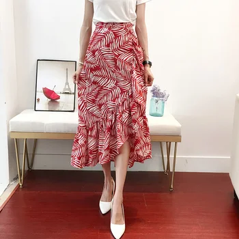 

Flower Printed Chiffon Skirts Women 2018 Summer New Mermaid Sashes Empires Casual Female Elegant Skirts top quality