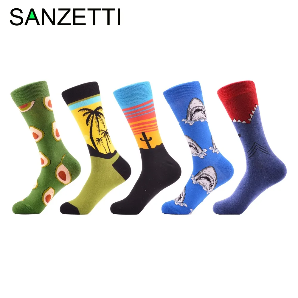 

SANZETTI 5 pairs/lot Men's Funny Pattern Combed Cotton Socks Casual Crew Socks For Man Long Business Dress Wedding Socks Gifts
